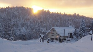 A snow-covered mountain resort with a chalet-style building, ski lifts, and a forested backdrop. - K's House Hokkaido - Asahidake Onsen Hostel (Higashikawa)