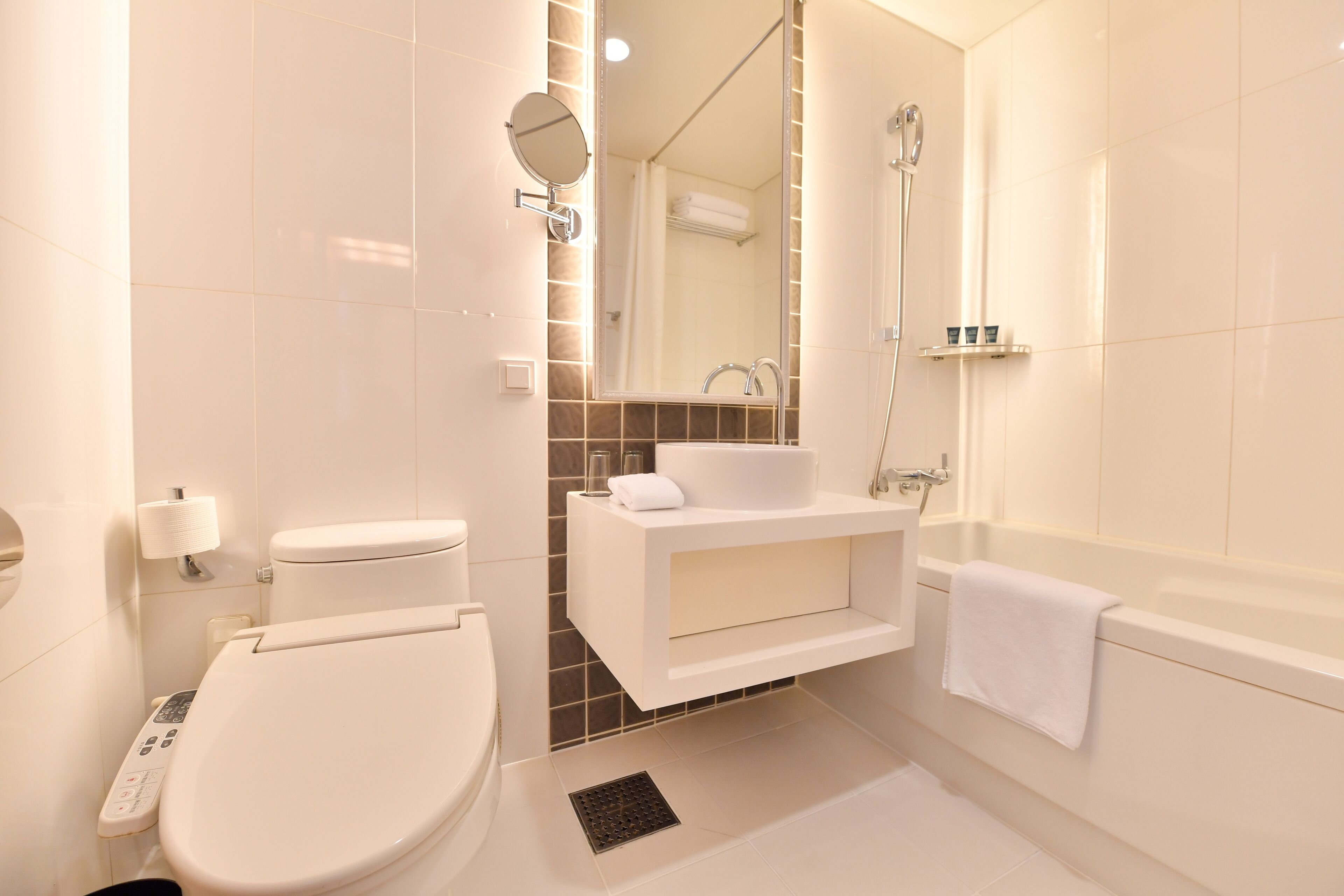 rainfall showerhead, hair dryer, bathrobes, slippers