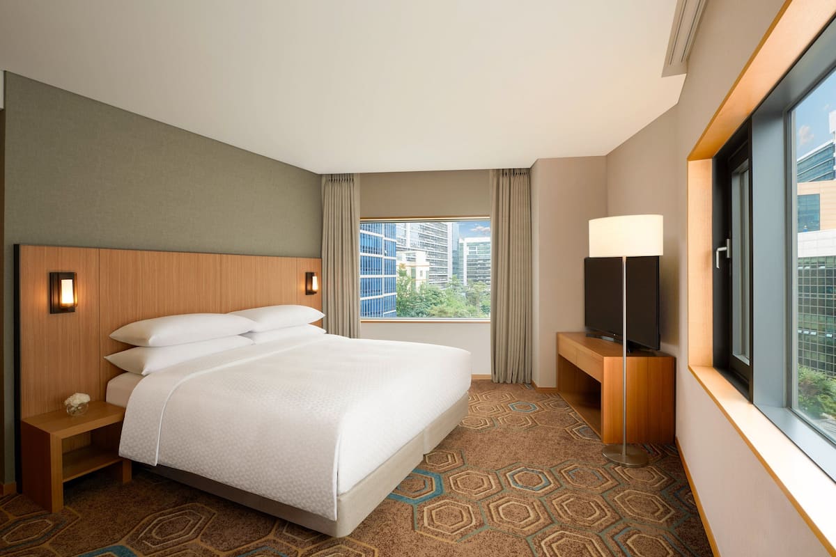 Ein Hotelzimmer mit einem großen Bett, einem Fernseher auf einem Holzständer, einem Fenster mit Blick auf die Stadt und einem gemusterten Teppich.