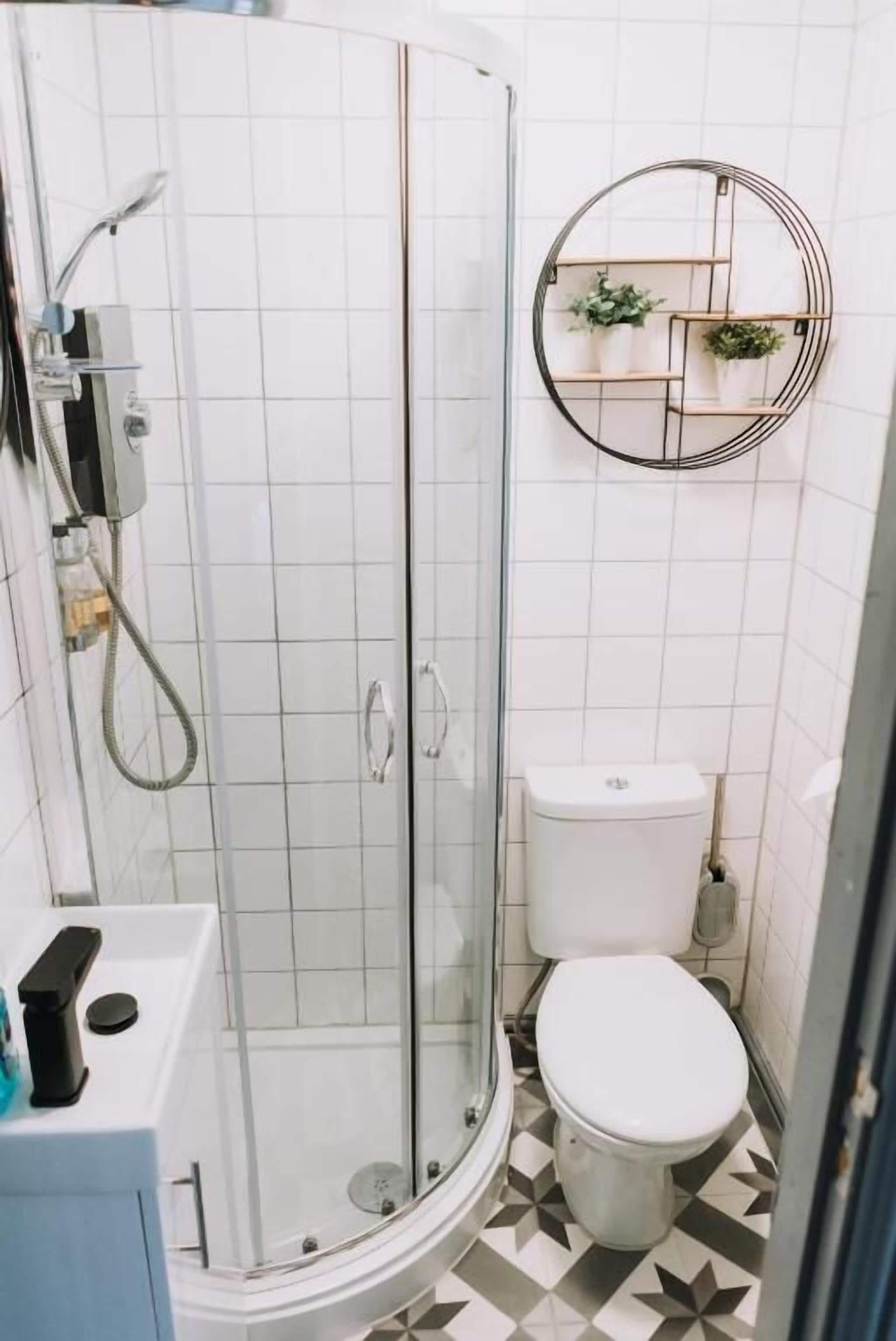 Un baño con ducha de vidrio, inodoro y estante en la pared con plantas.