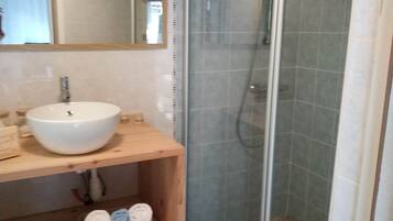 Regadera, toallas, shampoo, papel de baño