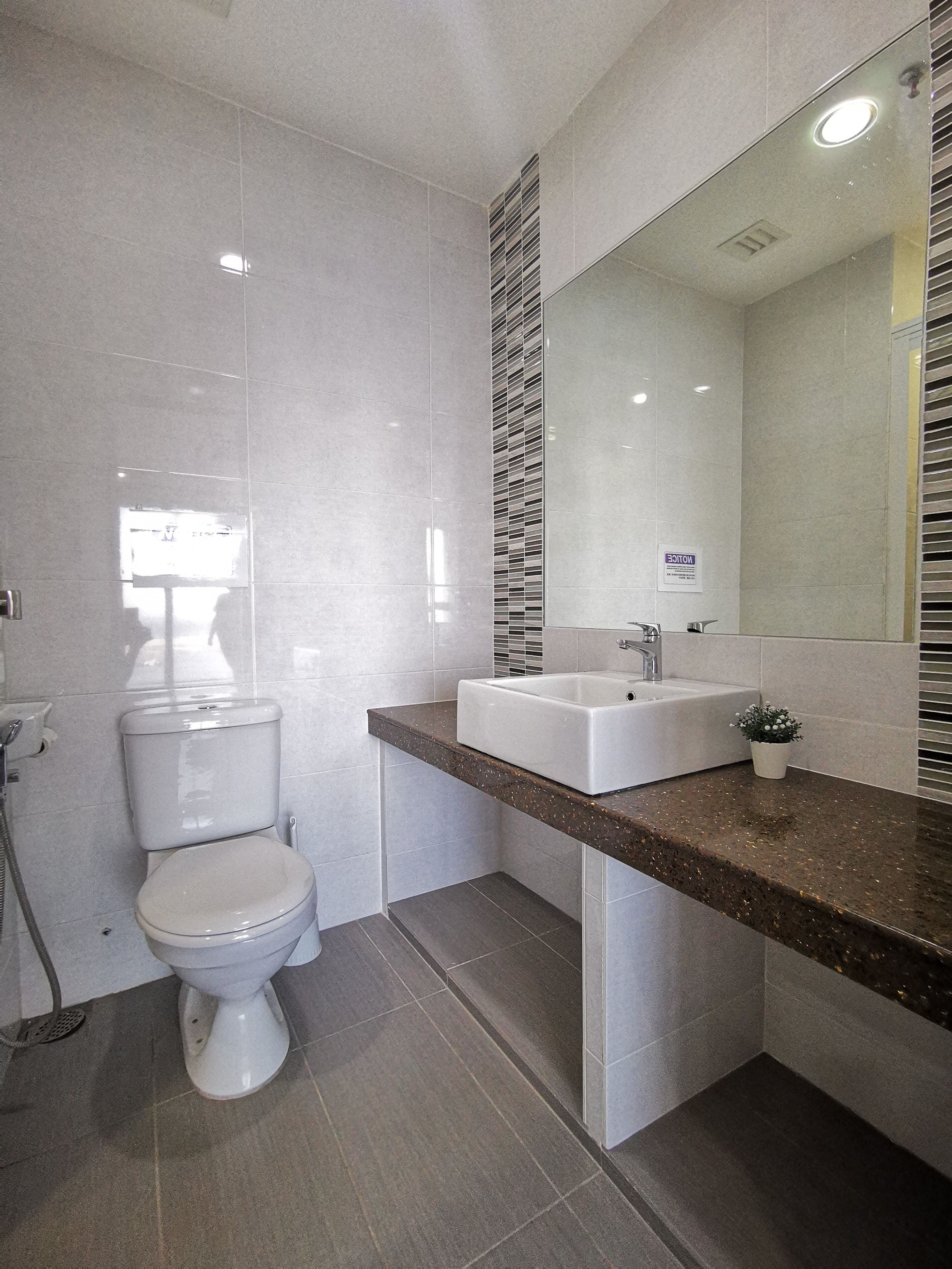 A modern bathroom with a toilet, sink, and mirror.