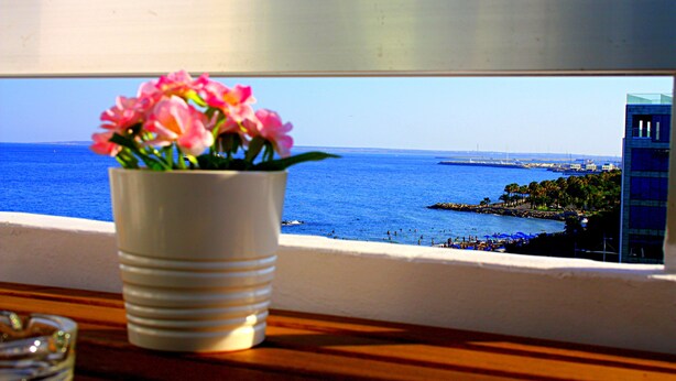 A white vase with pink flowers on a wooden surface by a window overlooking a coastal view with a pier and buildings. - Panoramic Blue (Limassol)