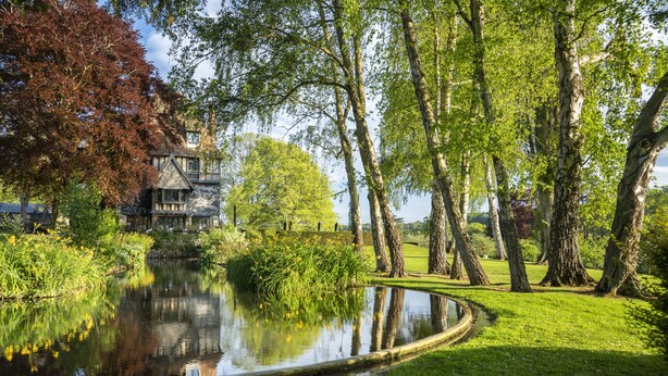 A serene pond with a house in the background, surrounded by lush greenery and trees.