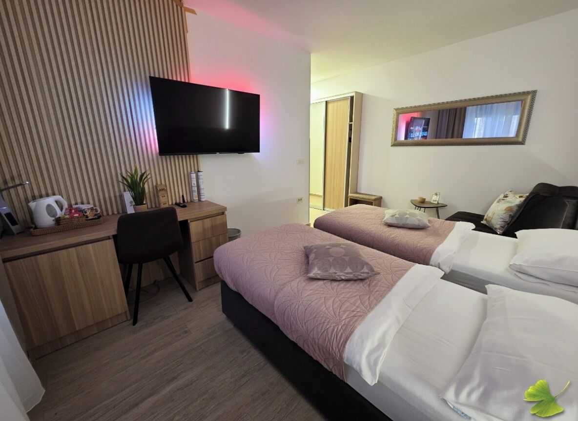 Habitación de hotel con dos camas, un escritorio, un televisor y un espejo.