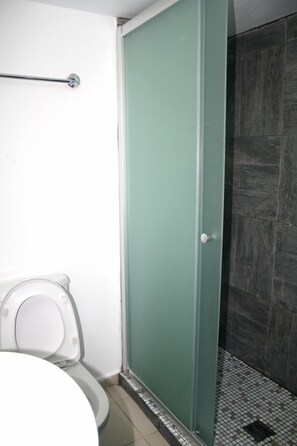 A bathroom with a toilet, a green door, and a tiled shower area. - Blue Coast (Limassol)