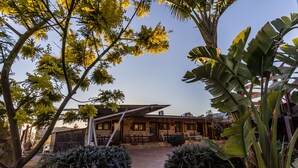 A building with a patio area, surrounded by various plants and trees. - B&B Eyexei Domus (Agrigento)