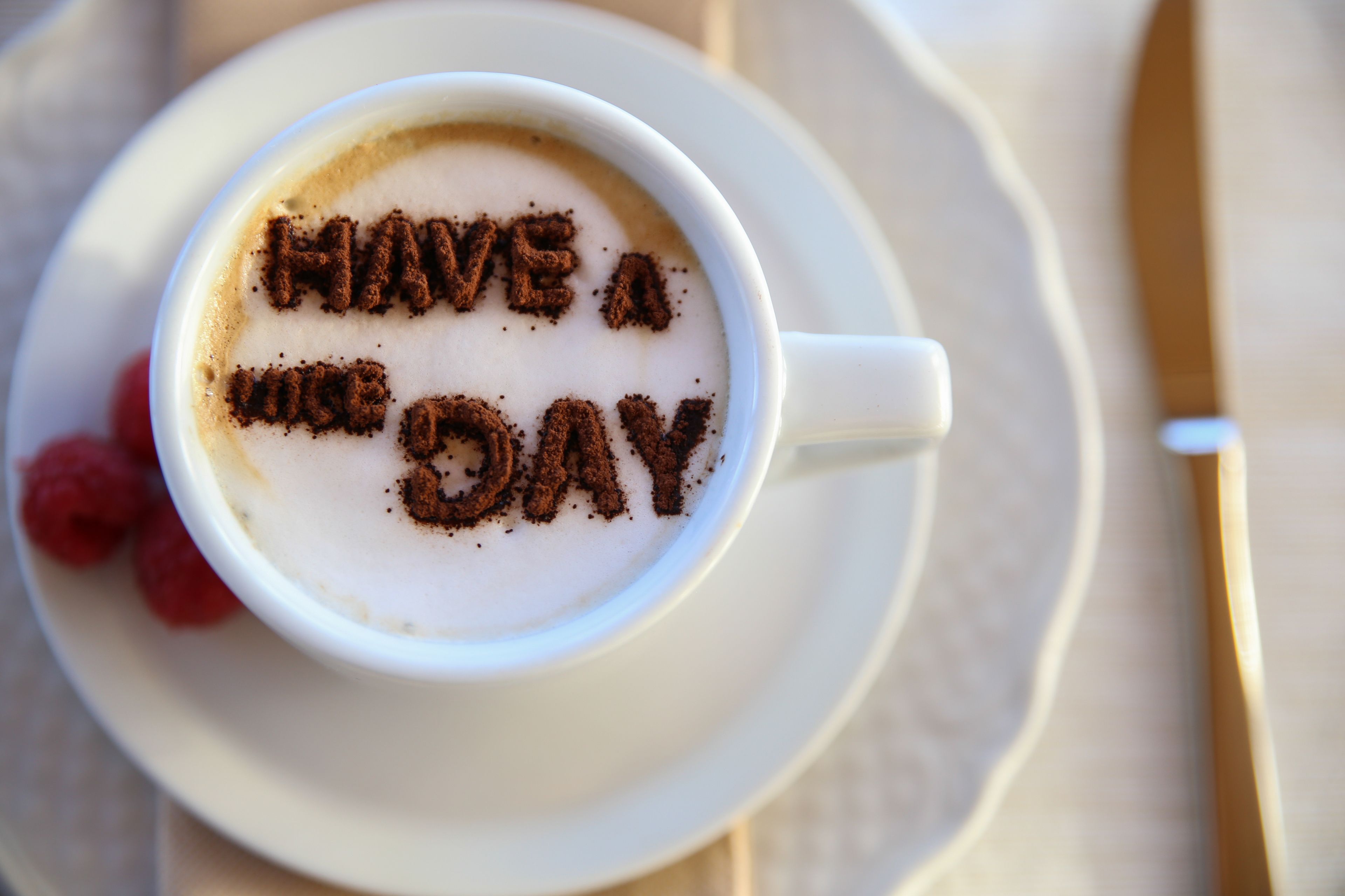 A cup of coffee with "HAVE A NICE DAY" written on the foam.