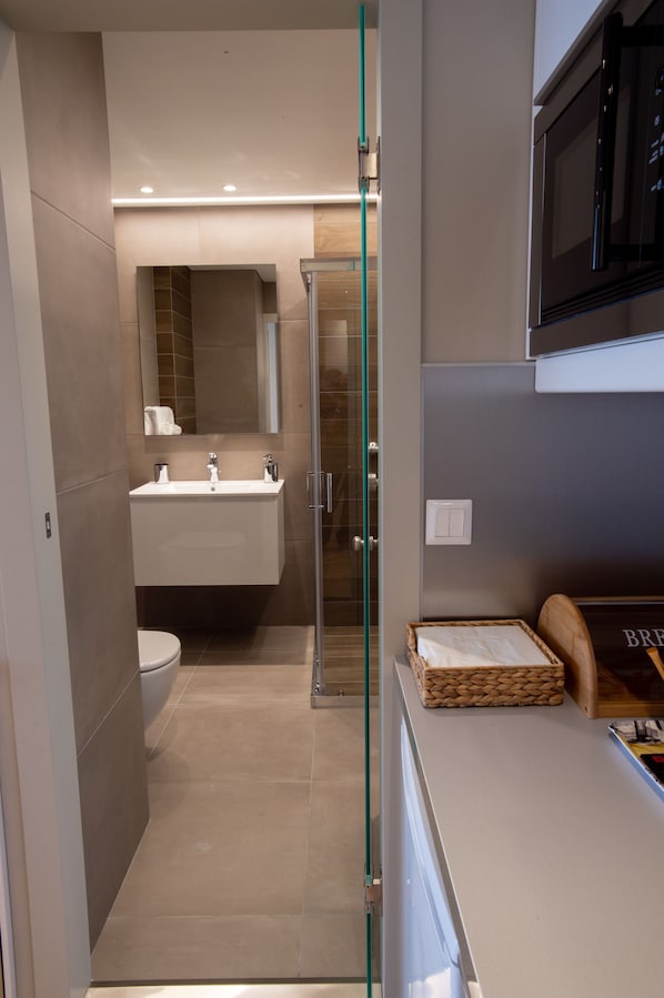 Apartment (K - Street View) | Bathroom | Shower, free toiletries, hair dryer, slippers