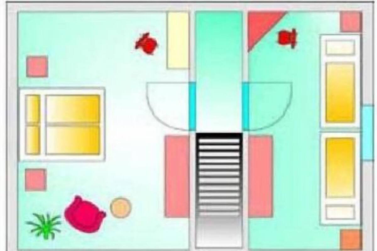 A hotel room layout with a bed, a desk, a window, and a bathroom.