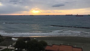 A coastal view with a beach and ocean, featuring several ships in the distance. - Seventh Sea (Limassol)