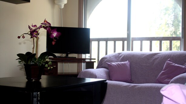 A living room with a dark table, a potted plant, a flat-screen TV, a light-colored sofa, and a window with a view of greenery. - Happy Home 4 (Limassol)