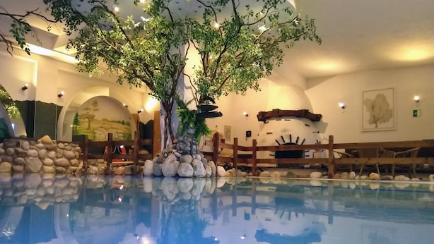 An indoor pool with a tree and rocks, wooden benches, and a stone wall.