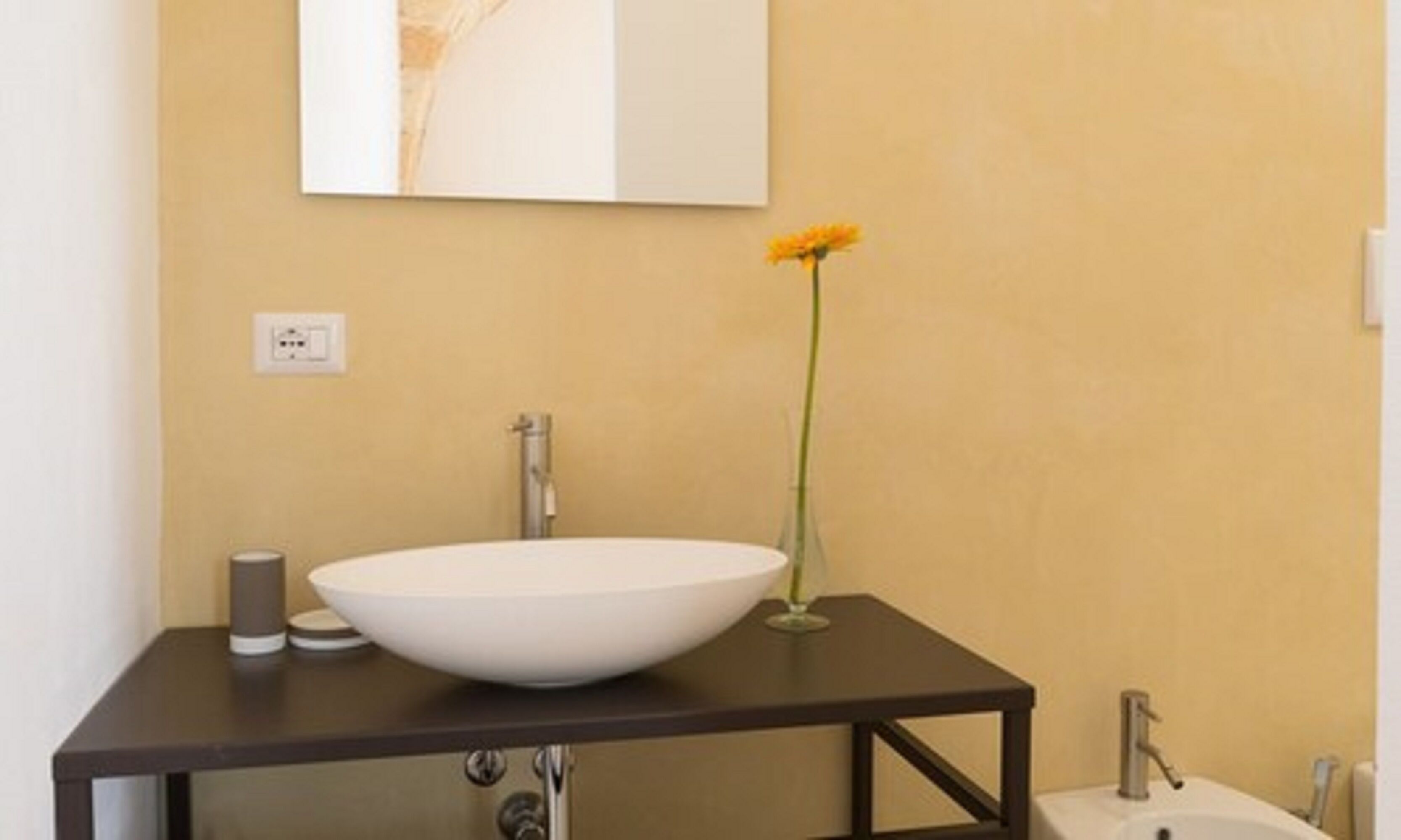 A bathroom with a white sink, a mirror, and a vase with a single flower.