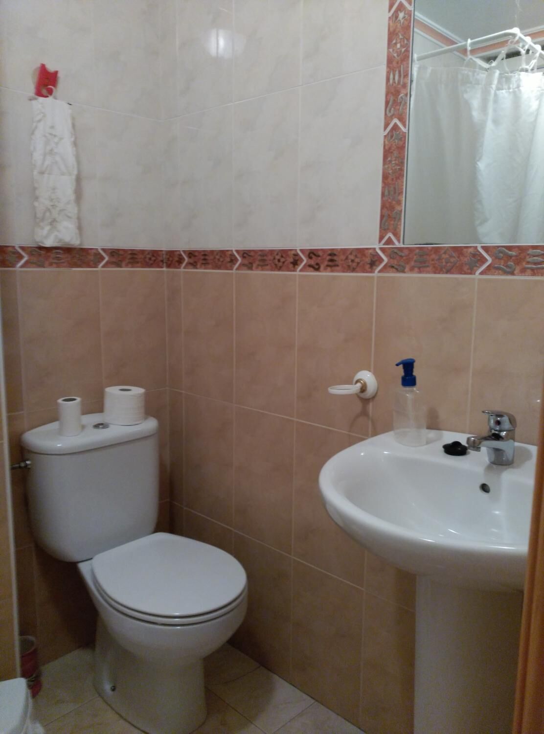 A bathroom with a toilet, sink, and a shower curtain.
