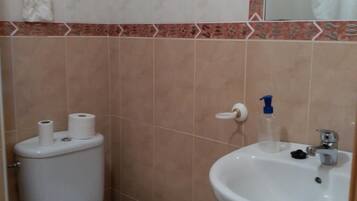 A bathroom with a toilet, sink, and a shower curtain.