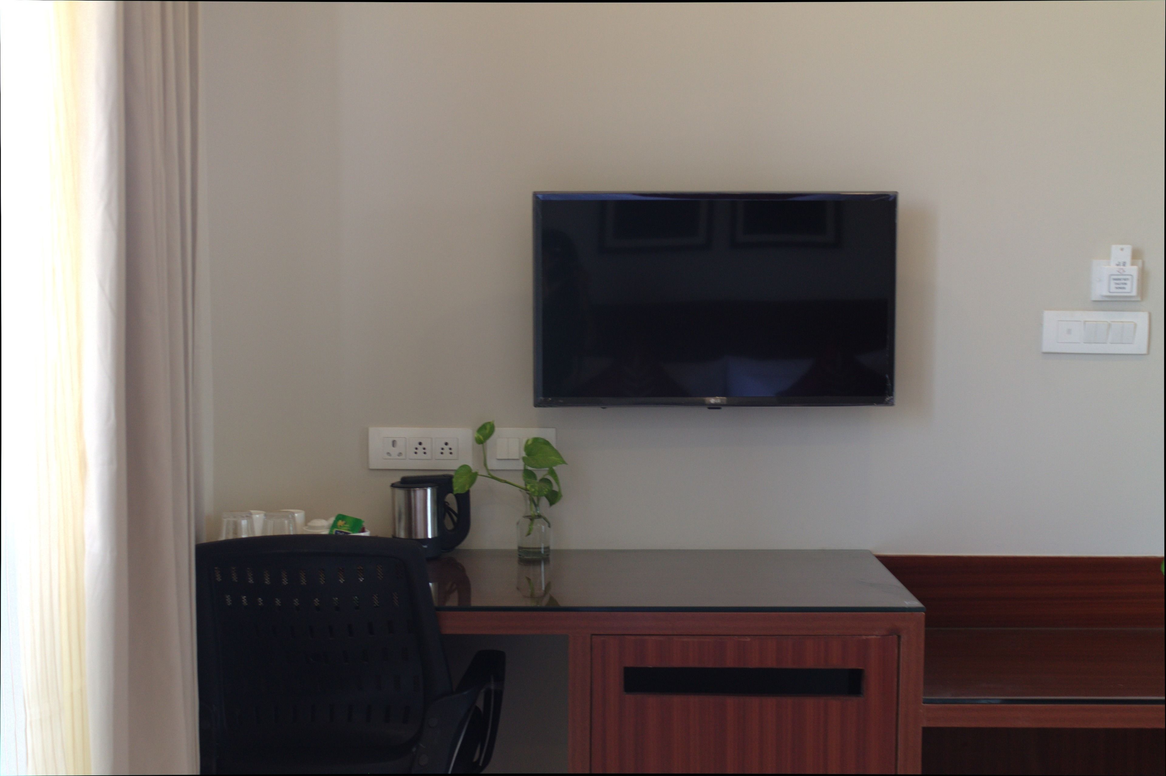 A hotel room with a flat-screen TV mounted on the wall, a wooden desk with a chair, and a small plant on the desk.