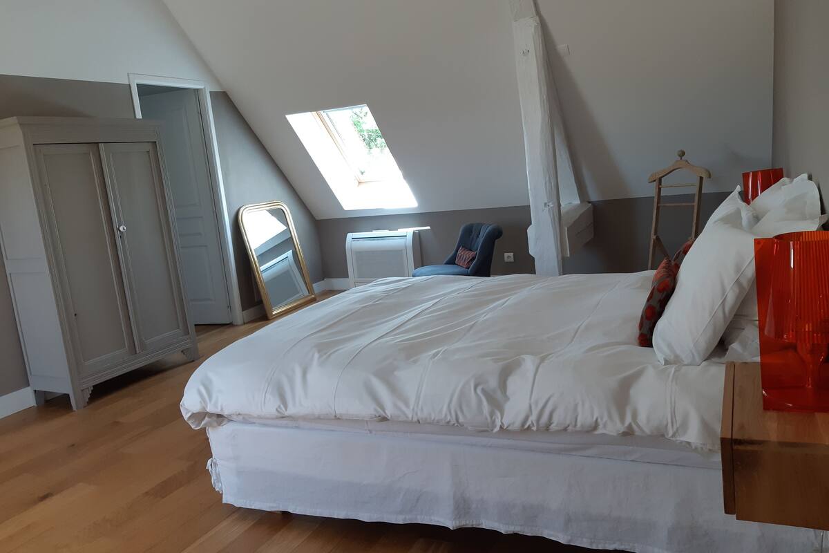 Une chambre à coucher avec un grand lit, une armoire, un miroir et une fenêtre de toit.