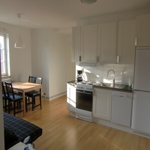 Full-sized fridge, microwave, oven, stovetop