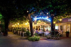 An outdoor dining area with tables and chairs under a tree, surrounded by potted plants and illuminated by string lights. - San Lorenzo Apartments (Sirmione)