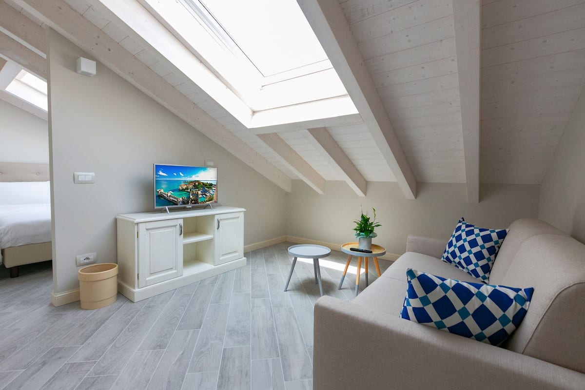 A modern, well-lit room with a skylight, a television on a cabinet, a sofa with patterned cushions, and a small table with a plant.
