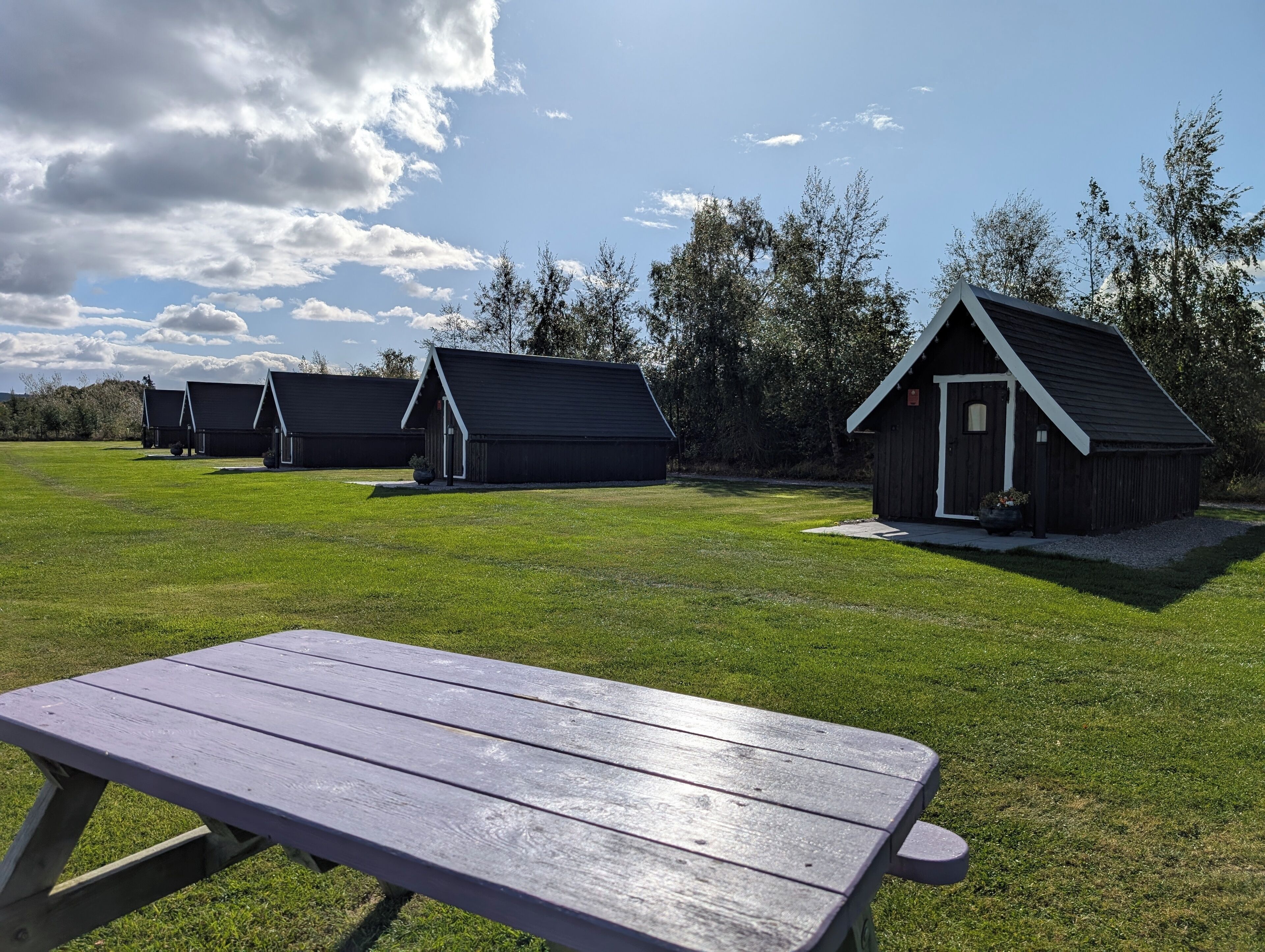 Une zone herbeuse avec des tables de pique-nique et plusieurs cabanes en bois.