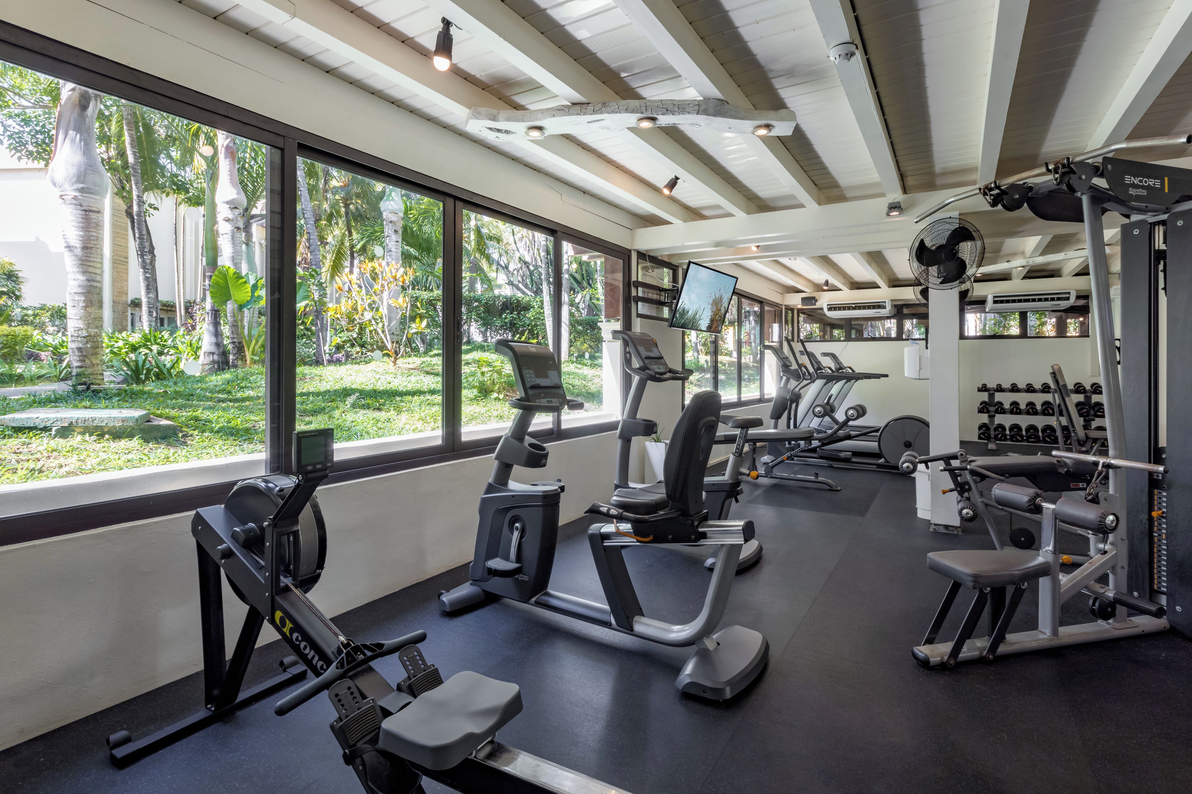 Une salle de sport équipée de machines de cardio, d’appareils de musculation et offrant une vue sur un jardin grâce à de grandes fenêtres.