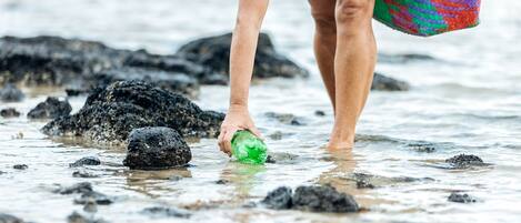Una persona camina sobre una playa rocosa sosteniendo una botella verde.