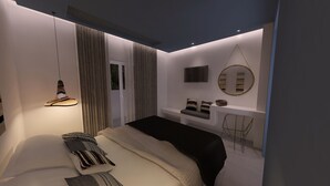 Une chambre moderne avec un lit, des tables de chevet, un luminaire suspendu, un miroir rond et une fenêtre avec des rideaux.