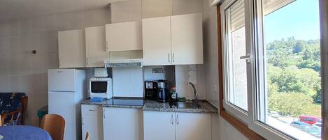 Réfrigérateur, micro-ondes, plaque de cuisson