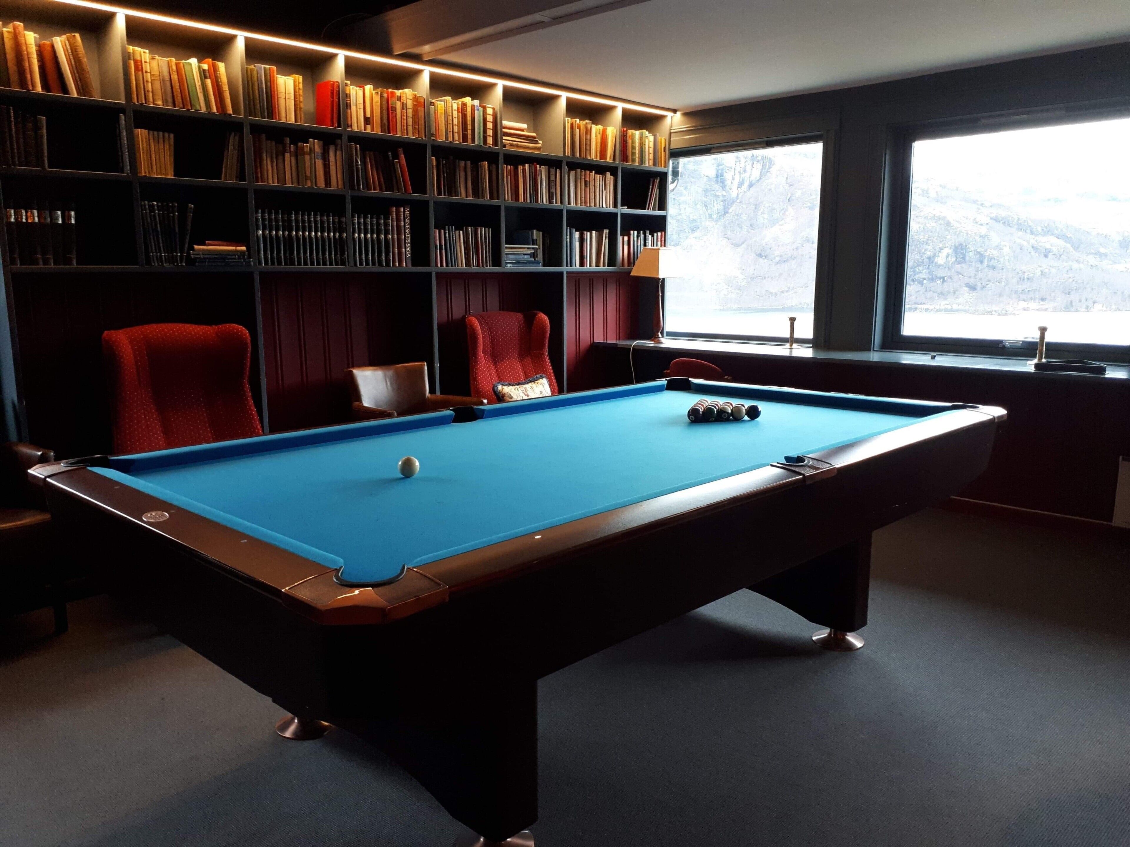 A pool table with a blue felt surface, surrounded by bookshelves filled with books, and a window with a view of a snowy landscape.
