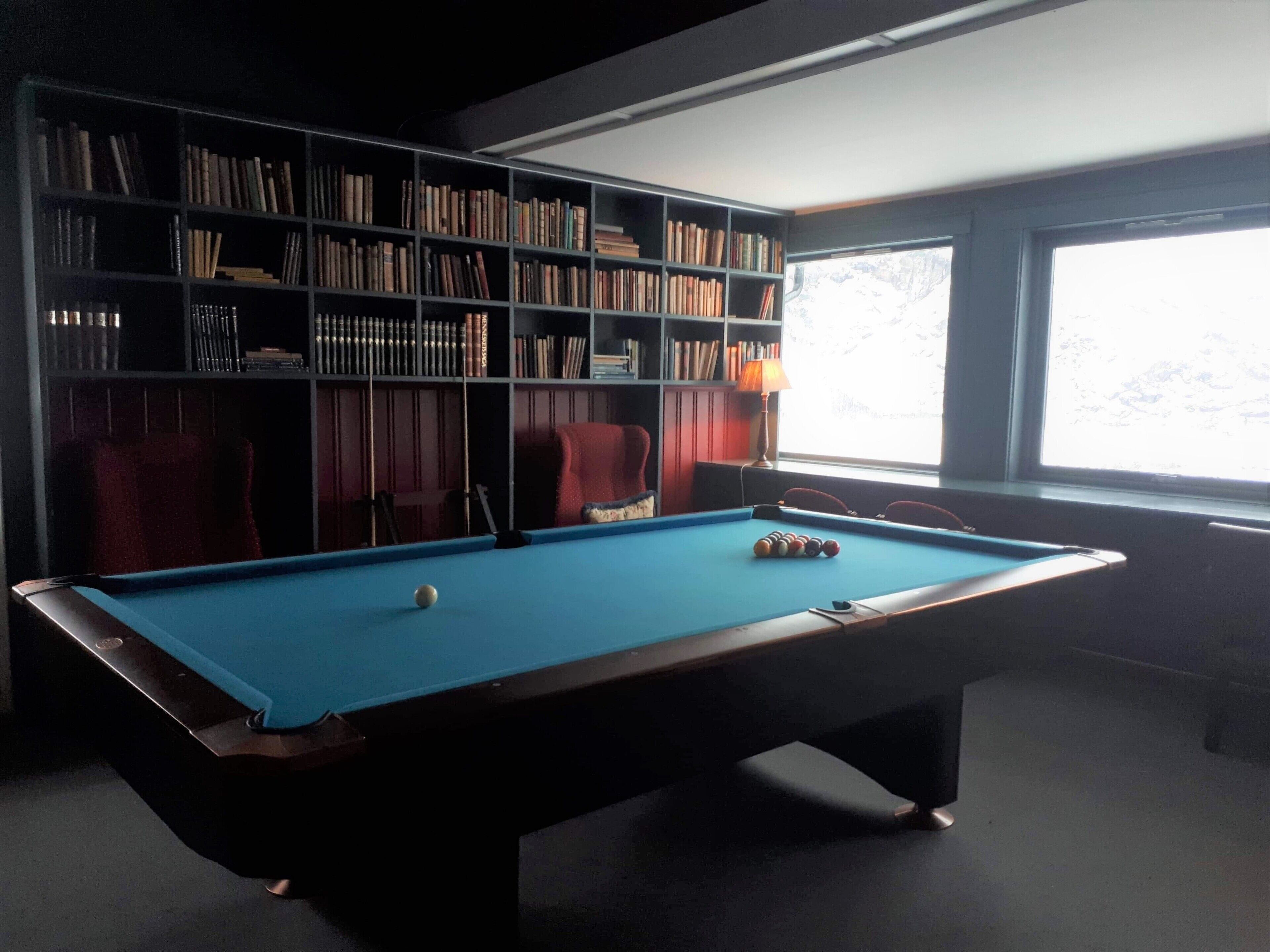A pool table with a blue felt surface, surrounded by bookshelves filled with books, and a window providing a view of the outdoors.