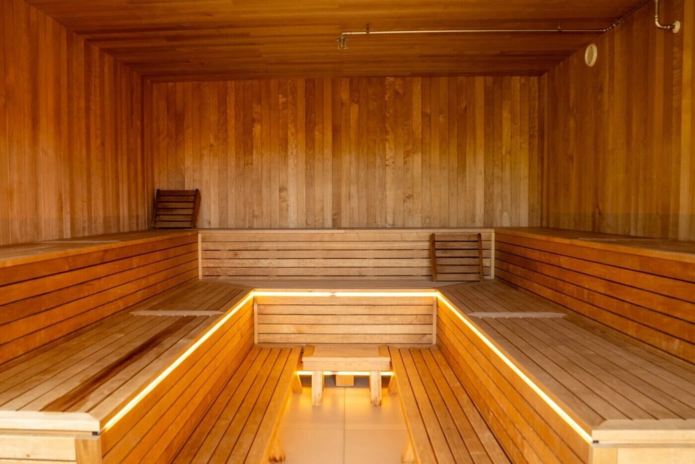 A wooden sauna with benches and a central heated floor.