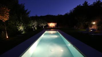 Seasonal outdoor pool, pool loungers