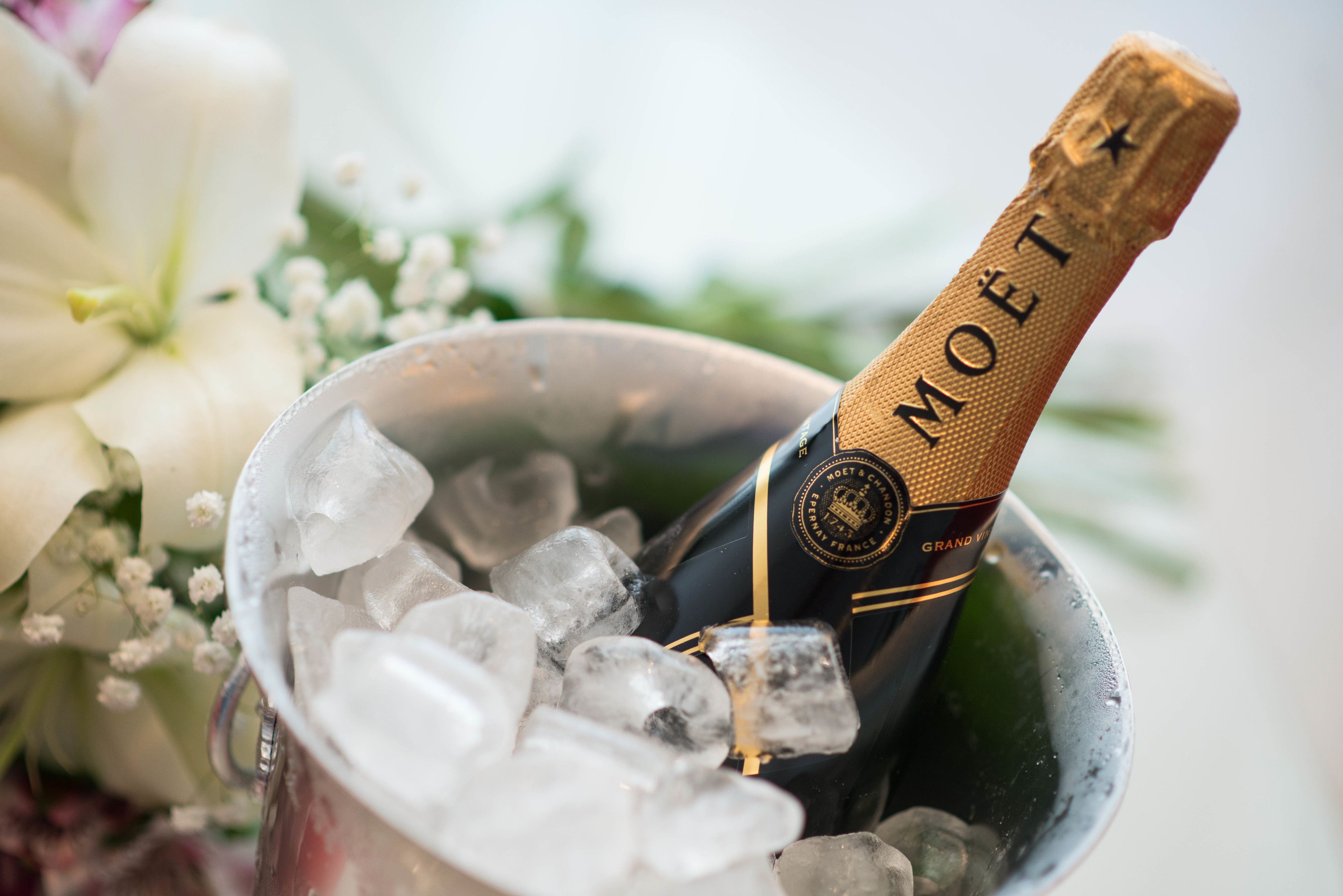 A bottle of Moët champagne in a metal bucket filled with ice cubes.