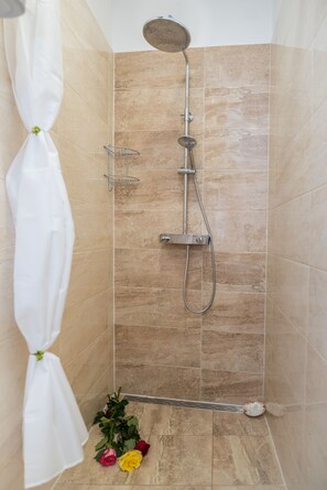 Separate tub and shower, jetted tub, hydromassage showerhead