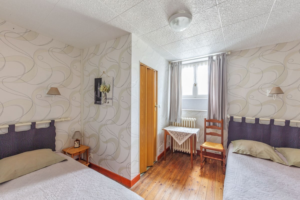 Une chambre avec deux lits, une petite table, une chaise, un radiateur et une fenêtre avec des rideaux.