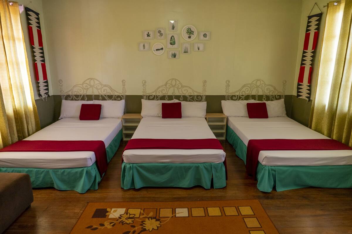 A hotel room with three single beds, each with a white mattress and red pillows, and green bed skirts.