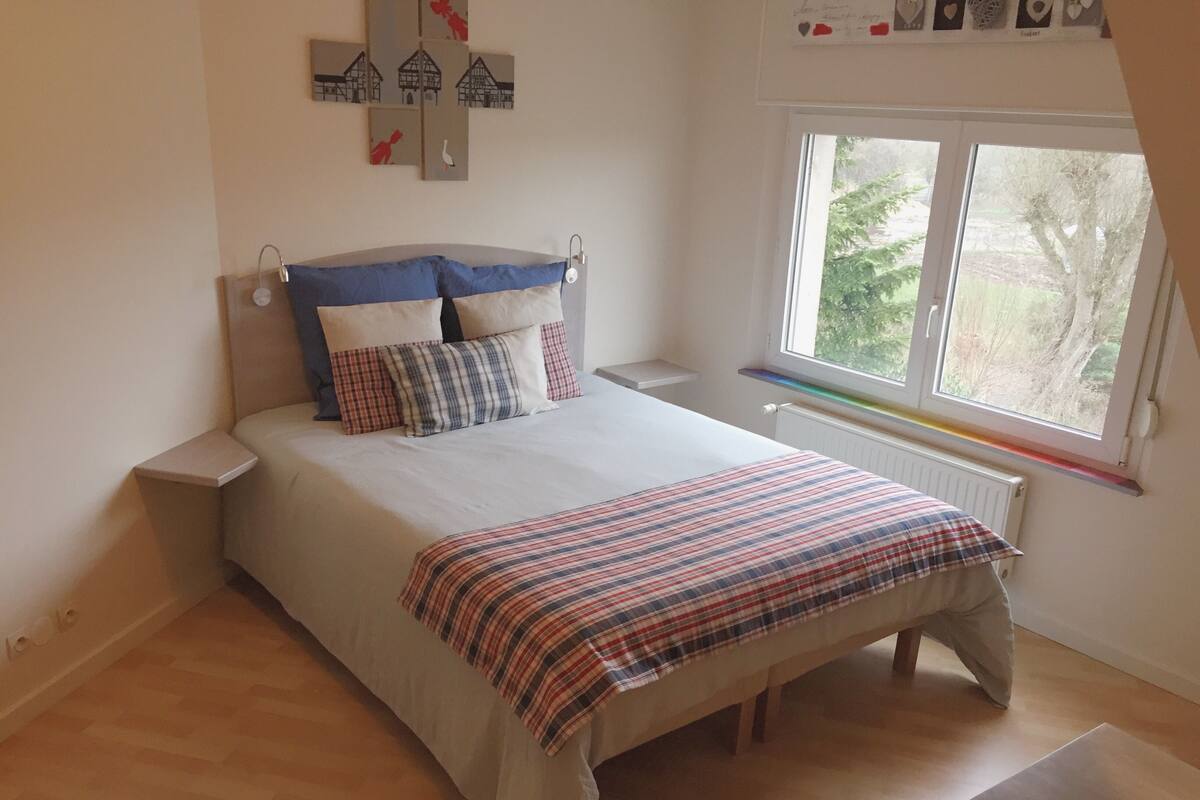 A bedroom with a bed, a nightstand, a window with a view of trees, and a radiator.