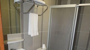 Une salle de bain avec un lavabo sur colonne, des toilettes et un espace douche.