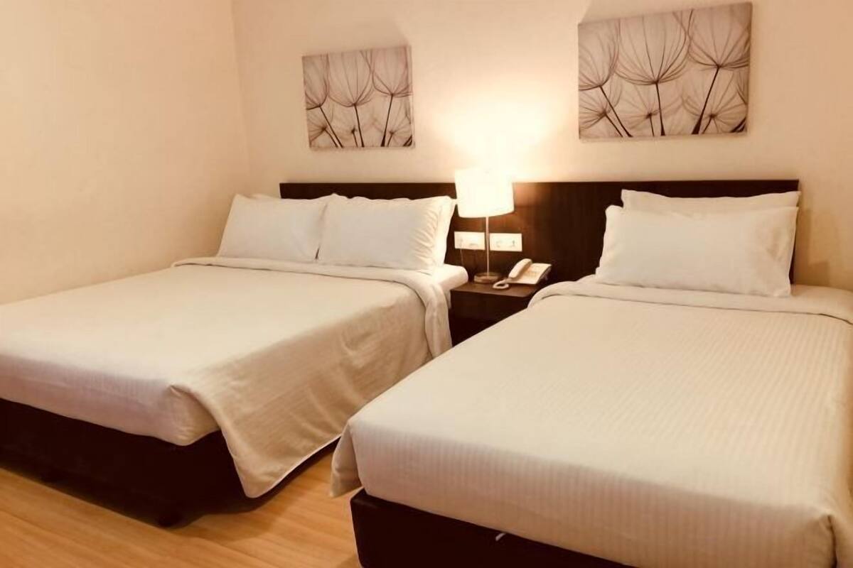 Two single beds with white bedding, a bedside table with a lamp, and a wall-mounted phone.