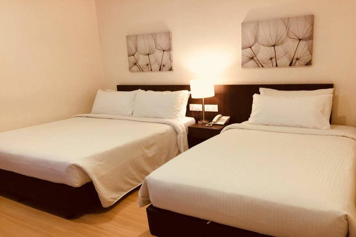 Two single beds with white linens, a bedside table with a lamp, and wall art above the beds.