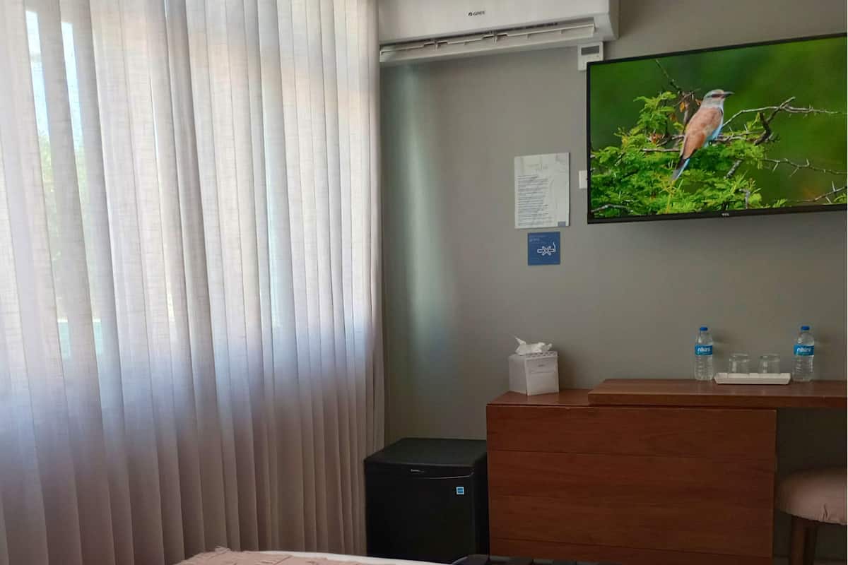 A hotel room with a bed, a desk, a chair, a TV, and a window with curtains.
