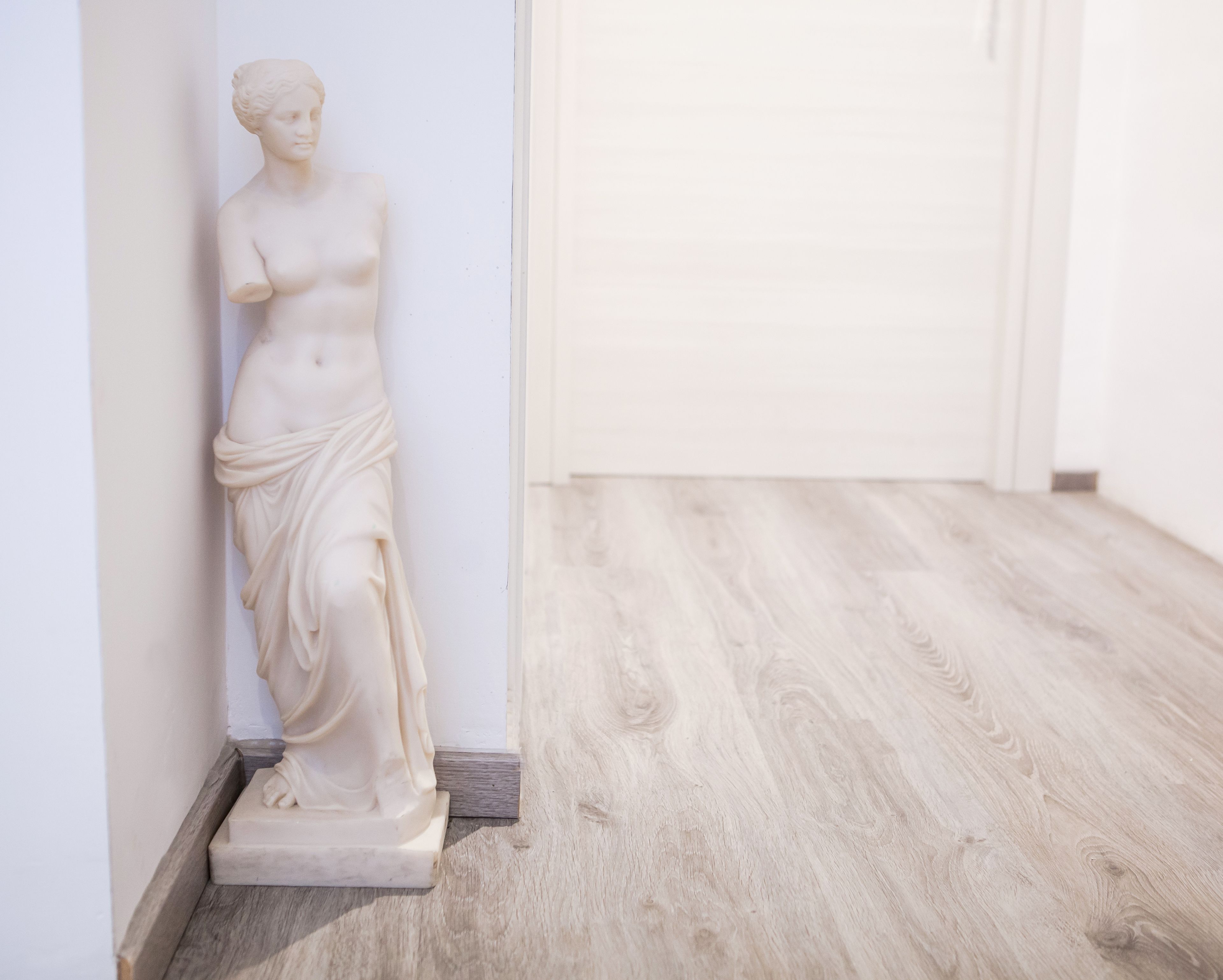 Une statue de marbre représentant une figure classique, placée dans un couloir dont le sol est recouvert de parquet.