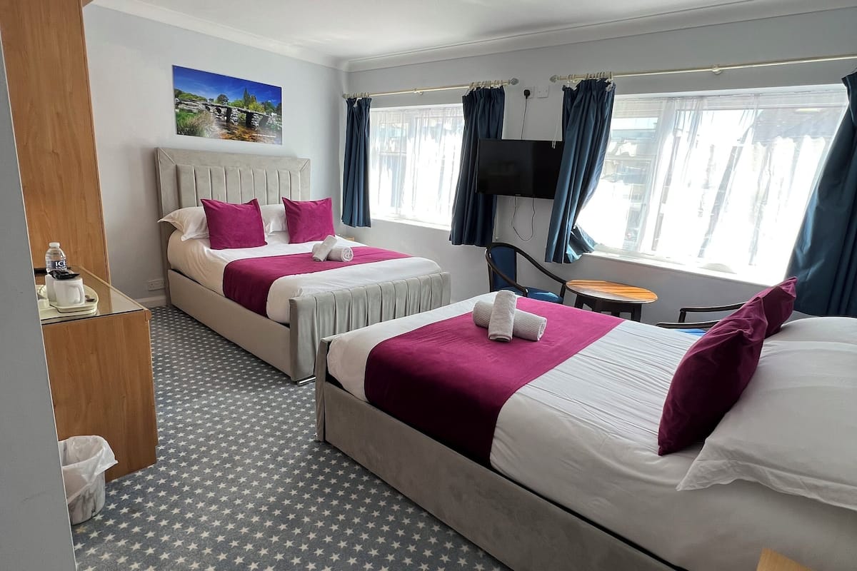 A hotel room with two beds, a TV, a window with curtains, and a star-patterned carpet.