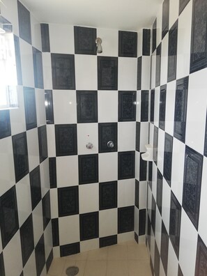 Douche, serviettes fournies, savon, shampoing
