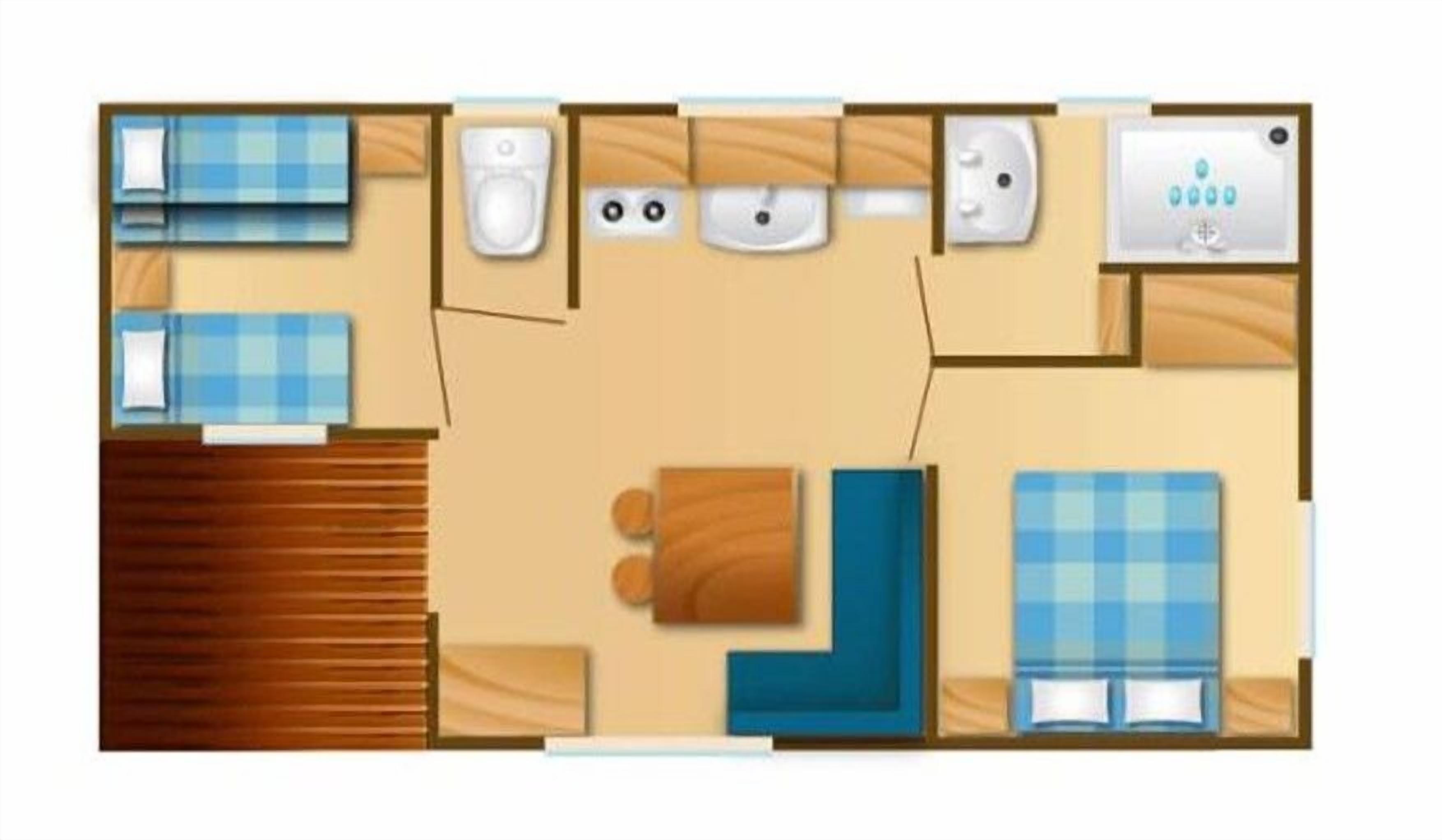A hotel room layout with a bed, a sofa, a small table, a desk, a bathroom with a toilet, sink, and shower.