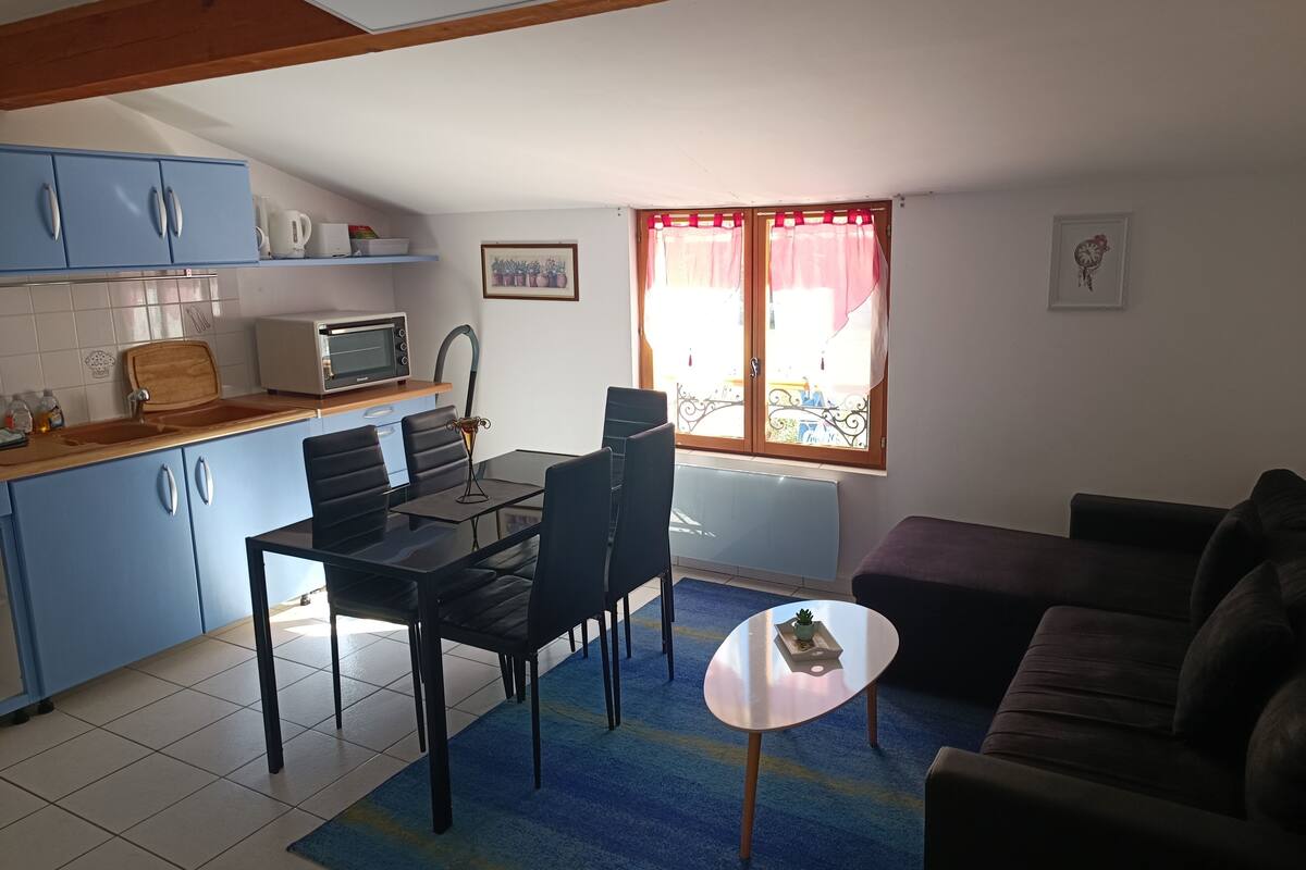A compact living space with a kitchenette, dining area, and seating area.