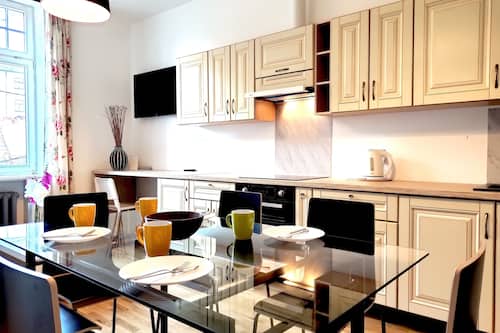 Full-size fridge, oven, stovetop, electric kettle