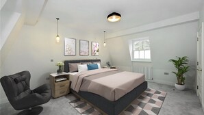 A bedroom with a bed, bedside tables, a chair, a radiator, a window, and a potted plant. - Rainsford Mews by Lime Street (London)